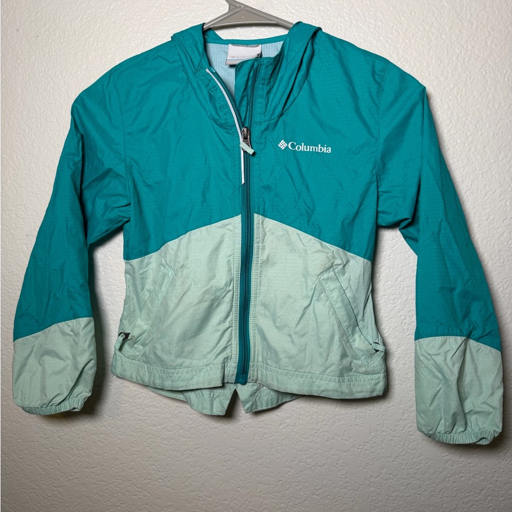 Columbia Girls' Lightweight Rain Jacket in a vibrant teal